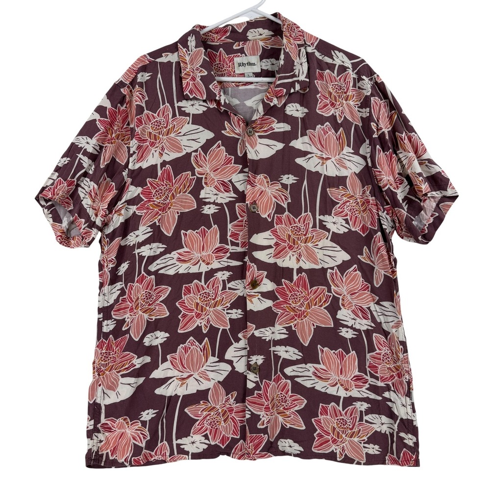 Rhythm Shirt Mens Large Purple Floral Hawaiian Aloha Short‎ Sleeve Button Up